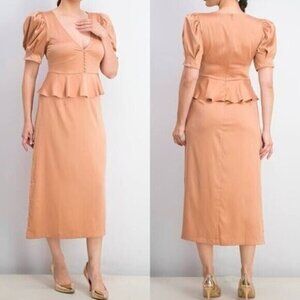 NEW Danielle Bernstein Peplum Ruffled Midi Dress Size 8 Medium Puff Sleeve